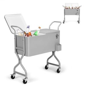 80QT Silver Gray Rolling Cooler Cart with Twisted Leg Design Single Side Flip Lid Rectangular Metal Ice Chest with Drainage Pipe for Outdoor Pati